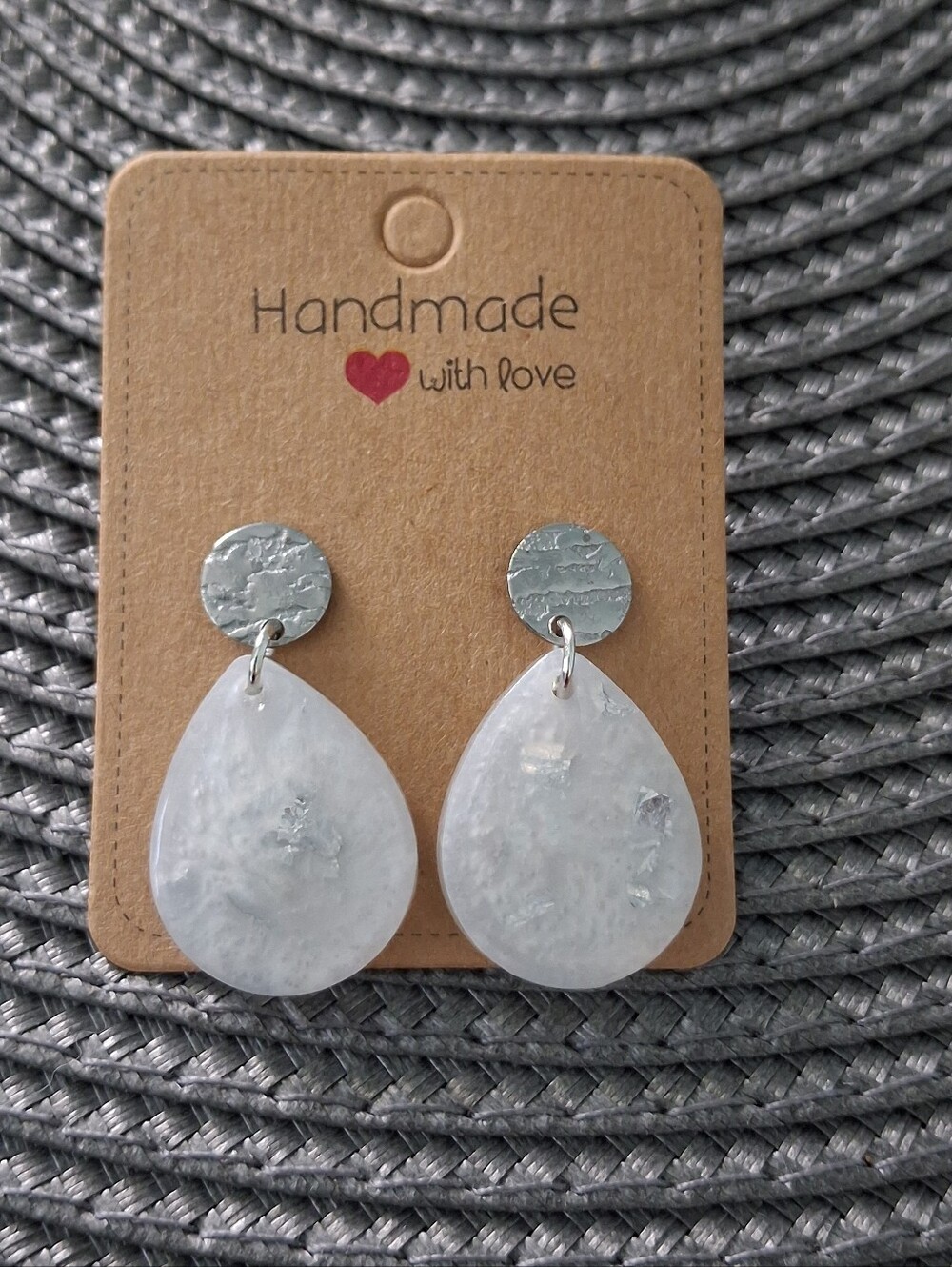 Handmade White Teardrop Dangle Earrings with Silver Studs
